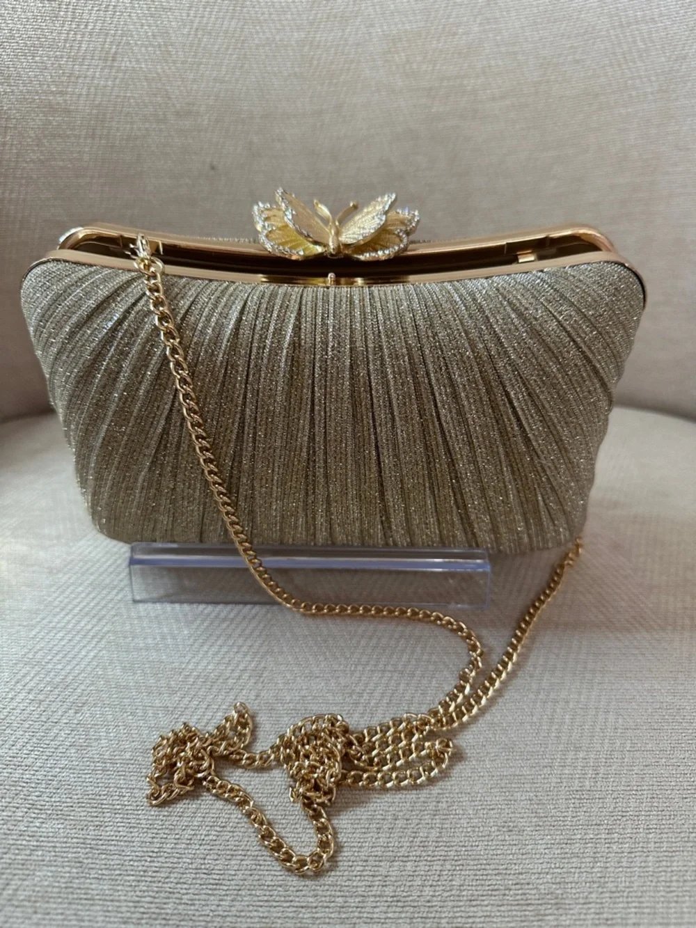 Savannah Gold Pleated Clutch with Butterfly Accent and chain